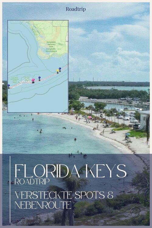 Florida Keys Roadtrip – Blick auf einen Strandabschnitt entlang des Overseas Highway mit eingeblendeter Karte zu versteckten Spots und Nebenroute.