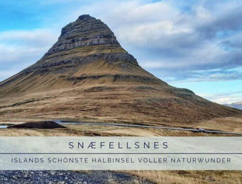 Snæfellsnes Island – Islands schönste Halbinsel voller Naturwunder“ mit Blick auf den markanten Berg Kirkjufell unter blauem Himmel im Westen Islands.
