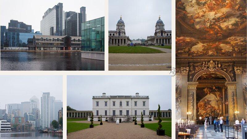 Collage mit Ansichten aus Canary Wharf und Greenwich: moderne Architektur, das Old Royal Naval College, die Queen’s House Fassade und die beeindruckende Painted Hall.