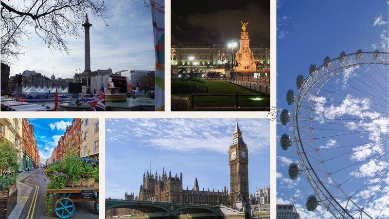 Collage von verschiedenen klassischen London Highlights: oben links Trafalgar Quare, Mitte Buckingham Palace, rechts london Eye, Unten mitte Houses of Parliament, unten links: Covent Garden