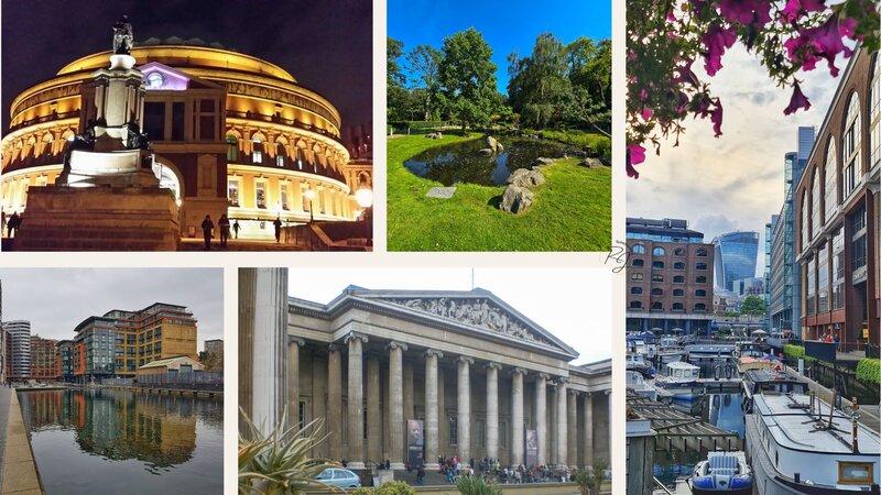 Collage mit fünf Fotos aus London: Royal Albert Hall bei Nacht, Japanischer Garten im Holland Park, historische Fassaden in den St Katharine Docks, modernes Wohnviertel bei Paddington Basin und der Eingang des British Museum.
