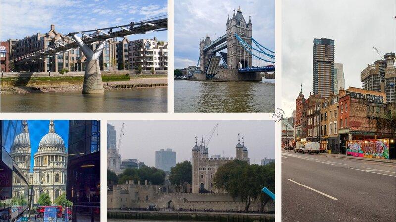 Collage mit fünf typischen Sehenswürdigkeiten in der City of London: Millennium Bridge, Tower Bridge, Shoreditch, St. Paul's Cathedral und Tower of London.