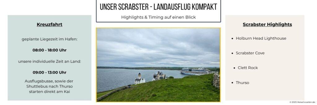 Blick auf den Hafen von Scrabster mit Kreuzfahrtschiff, Leuchtturm und grüner Steilküste – Startpunkt für individuelle Landgänge in Schottlands Norden.