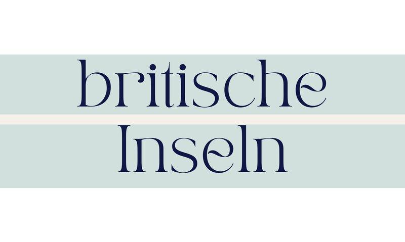 Typografisches Titelbild mit der Aufschrift ‚Britische Inseln – Städtereisen, Roadtrips & Kreuzfahrten‘ in elegantem Design mit zartgrünem Streifen