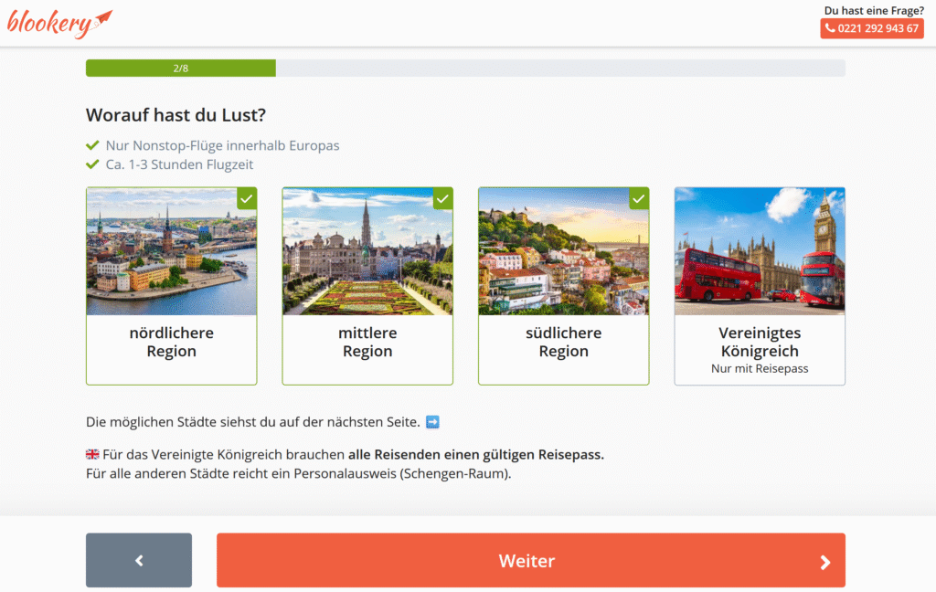 Screenshot der Blookery-Buchung: Auswahl von Regionen für Blind Booking mit Option, London und Edinburgh auszuschließen.