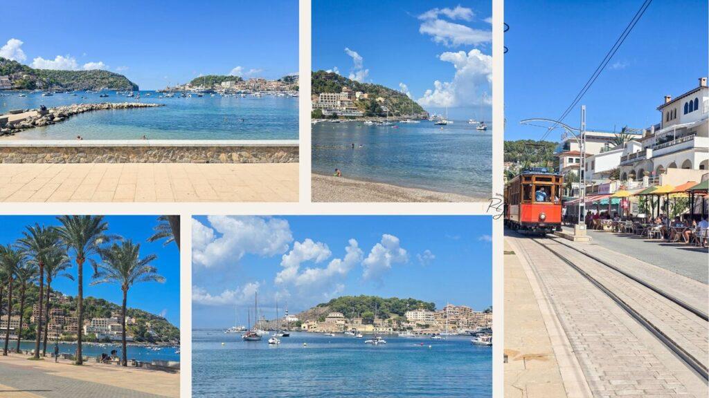 Eindrücke aus Port de Sóller: Strand und Bucht mit Booten, Palmenpromenade und die historische Straßenbahn entlang der Cafés