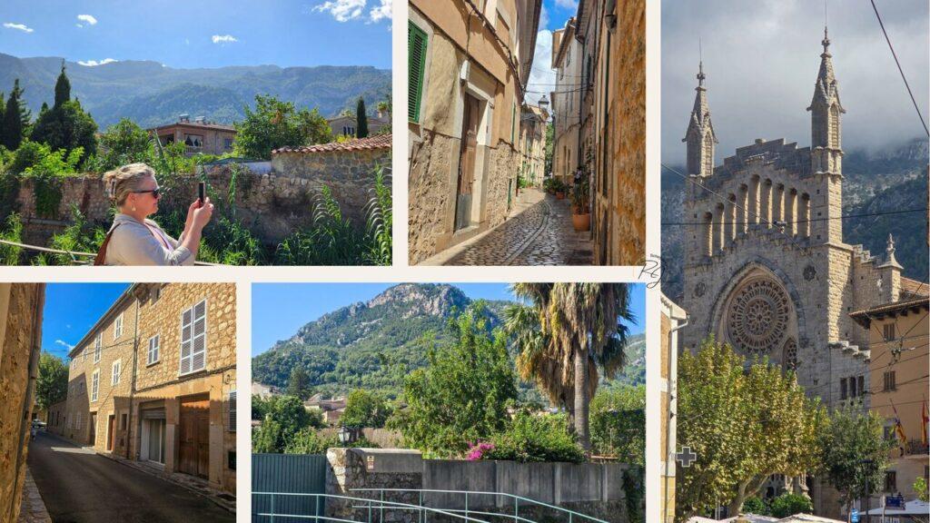 Impressionen aus Sóller: historische Kirche Sant Bartomeu, enge Altstadtgassen und Blick auf die Berge des Tramuntana-Gebirges