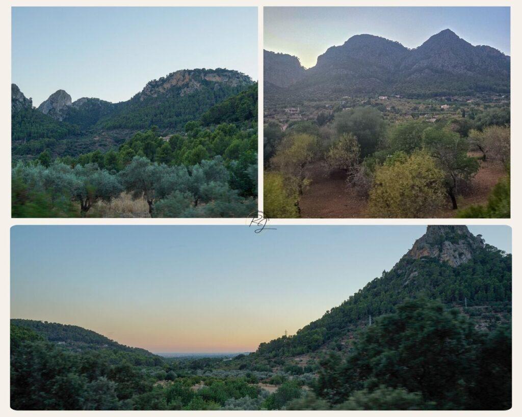 Abendstimmung im Tramuntana-Gebirge auf der Zugfahrt nach Sóller – Berge, Olivenhaine und Sonnenuntergang
