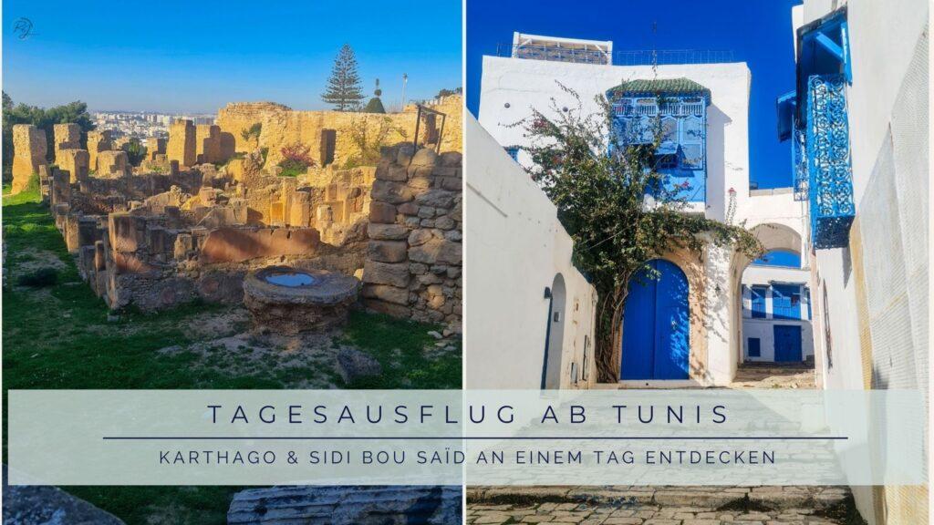 Titelbild zum Tagesausflug ab Tunis – Karthago & Sidi Bou Saïd an einem Tag entdecken, mit antiken Ruinen und weiß-blauen Gassen im Sonnenschein.