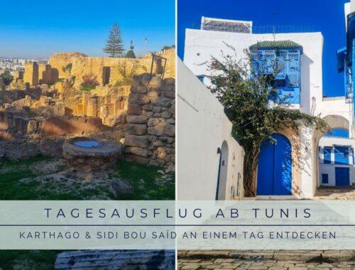 Titelbild zum Tagesausflug ab Tunis – Karthago & Sidi Bou Saïd an einem Tag entdecken, mit antiken Ruinen und weiß-blauen Gassen im Sonnenschein.