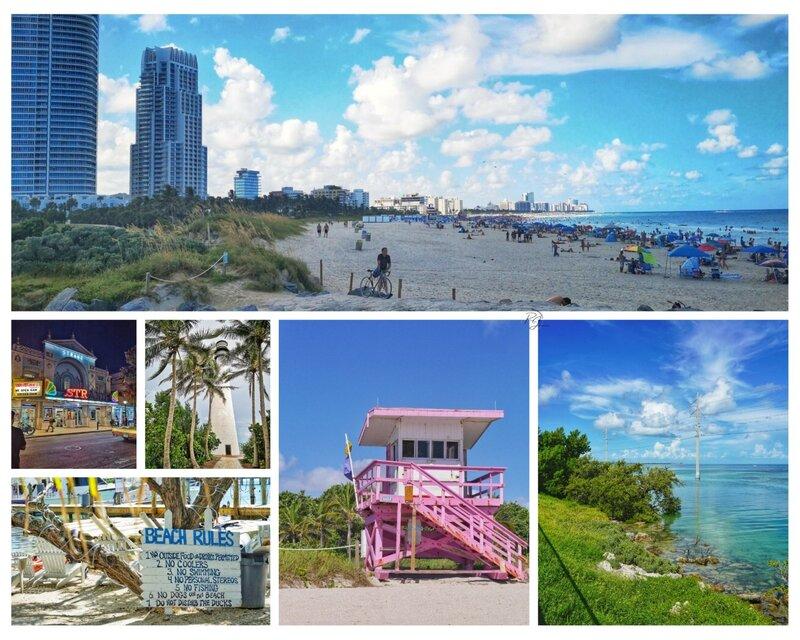 Miami South Beach mit Skyline, pinkem Lifeguard-Haus und tropischem Flair – Highlights eines Florida Roadtrips entlang der Ostküste.