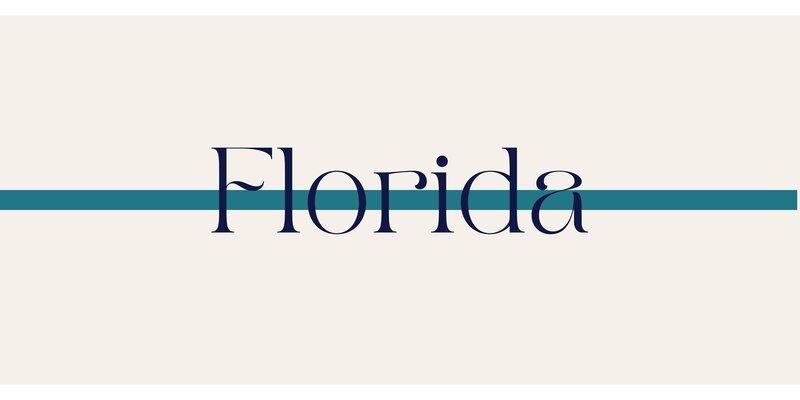 Florida Schriftzug in elegantem Design mit petrolfarbener Linie – Titelbild für Reiseziele und Roadtrip-Tipps in Florida
