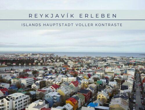 Reykjavík erleben – Islands Hauptstadt voller Kontraste. Blick über die bunte Altstadt bis zum Meer, mit typischen farbenfrohen Häusern, Hafen und weitem Horizont im Winterlicht.