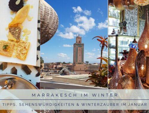 Collage aus Marrakesch: orientalische Lampen, Rooftop-Blick auf die Stadt und marokkanische Süßspeisen – Tipps & Sehenswürdigkeiten im Winter.
