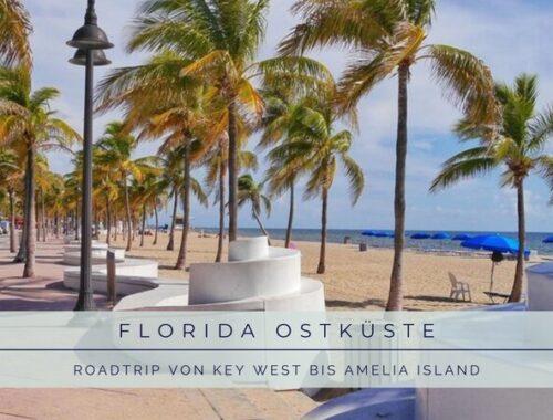 Promenade mit Palmen am hellen Sandstrand an der Ostküste Floridas – typisches Florida-Feeling mit Meer, Sonne und Strand als Einstieg zum Roadtrip von Key West bis Amelia Island.
