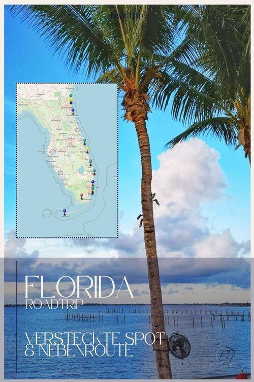 Florida Roadtrip: versteckte Spots & Nebenrouten entlang der Ostküste. Palmen am Strand, Karte mit markierten Stopps – Inspiration für weniger bekannte Highlights in Florida.