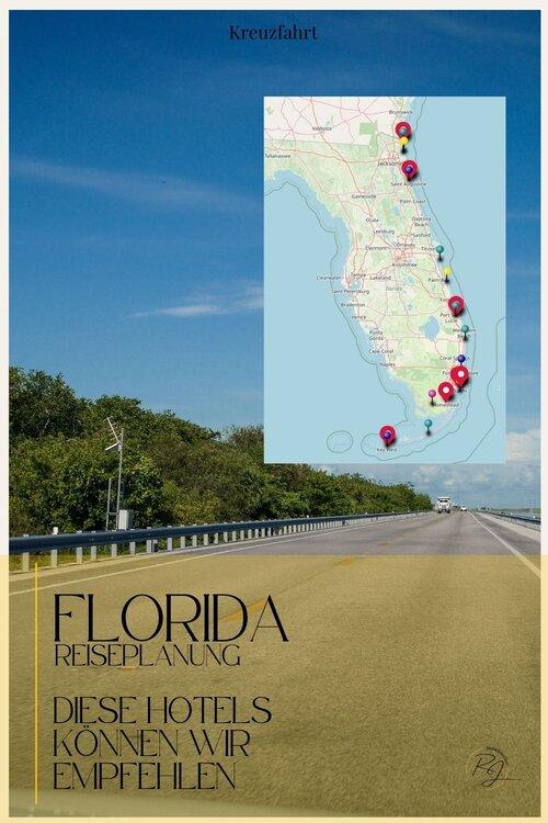 Straße mit Palmen und einem Kartenausschnitt mit eingezeichneten Hotels in Florida