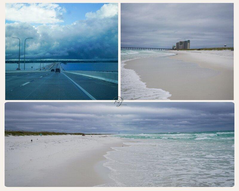 Collage von Pensacola Beach vor Hurrikan Francine mit sonnigem, friedlichem Wetter und normaler Reisesituation.