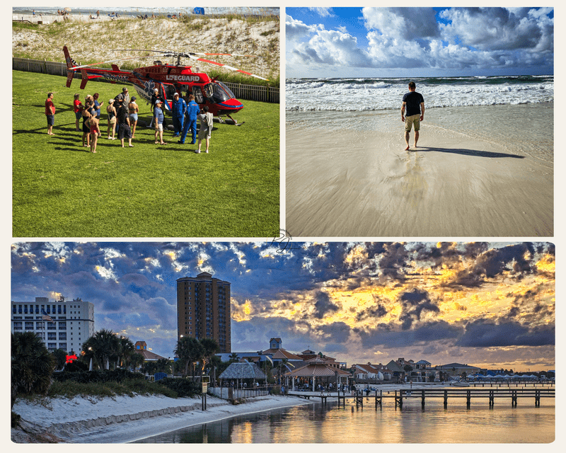 Collage von Pensacola Beach nach den Ausläufern von Hurrikan Francine – ruhiger Strand und klare Bedingungen nach dem Sturm.