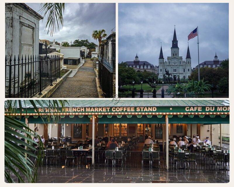 Collage mit Aufnahmen aus New Orleans kurz vor Hurrikan Francine – ruhige Stadtstimmung vor dem Wetterumschwung.
