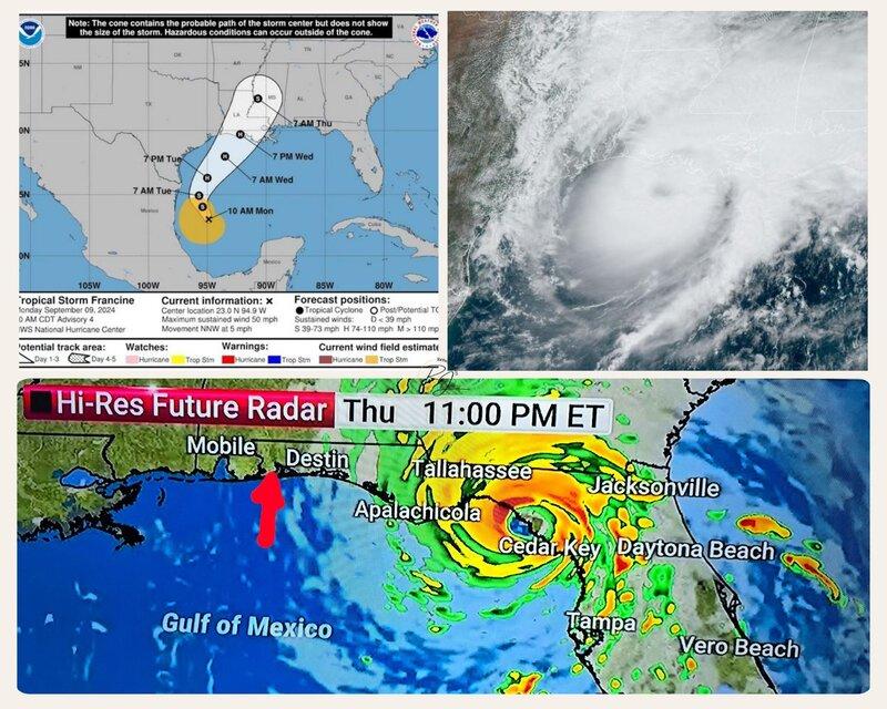 Colagge mit Satelitenfoto von Hurikane Francine und Hurikane Milton September 2024
