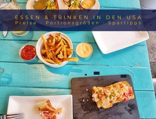 Essen und Trinken in den USA: typisches Restaurantessen mit großen Portionen und Beilagen, Beispiel für Preise und Portionsgrößen