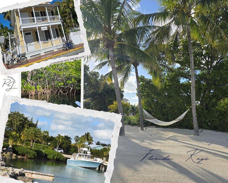 Collage mit den Highlights eines Florida Keys Roadtrips 2026, zeigt türkisfarbenes Meer, Palmen, die Overseas Highway Brücken und bunte Architektur in Key West.