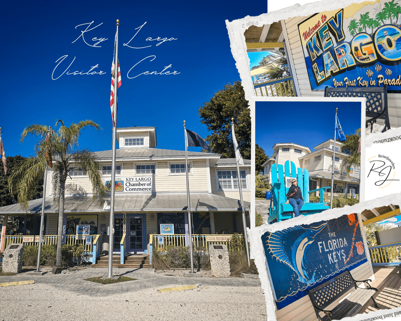 Bunte Fotocollage mit Impressionen aus Key Largo und dem Visitor Center, zeigt Palmen, türkises Meer und Urlaubsaktivitäten.