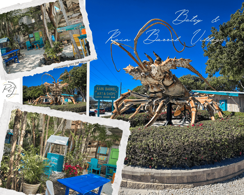 Fotocollage vom Rain Barrel Art & Shops Village auf den Florida Keys, zeigt die riesige Hummer-Skulptur 'Betsy', bunte Souvenirläden
