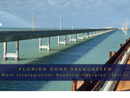 Titelbild für den Florida Roadtrip Fahrplan: Die ikonische Brücke der Florida Keys führt über türkisblaues Meer bis zum Horizont unter leicht bewölktem Himmel.