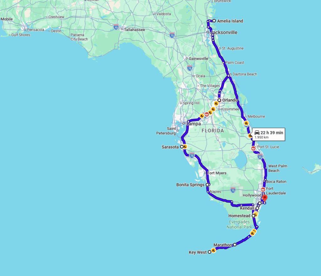 Vollständige Florida Roadtrip Route als Loop im Uhrzeigersinn: Start in Miami, über die Keys, die Golfküste mit Bonita Springs, Amelia Island im Norden und zurück über die Space Coast.