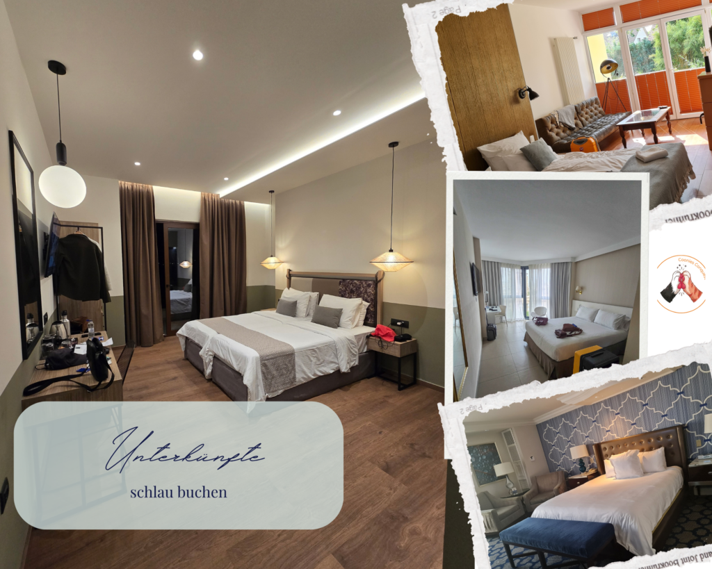 Collage verschiedener Hotelzimmer-Interieurs mit dem Text 'Unterkünfte schlau buchen', die verschiedene Einrichtungsstile und Zimmerkategorien für eine strategische Urlaubsplanung zeigt.