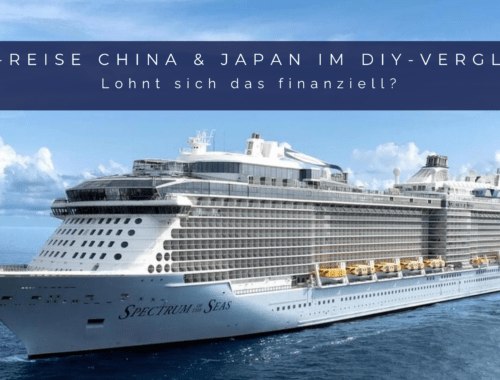 Das Kreuzfahrtschiff Spectrum of the Seas auf offener See mit der Überschrift 'Aldi-Reise China & Japan im DIY-Vergleich: Lohnt sich das finanziell?