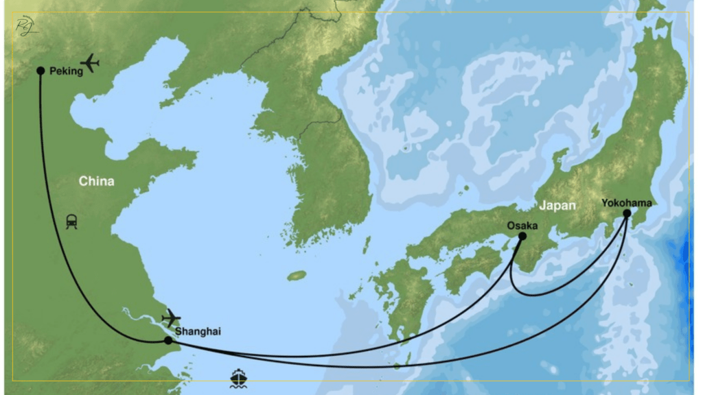 Grafische Übersicht des Reiseverlaufs von Peking über Shanghai nach Osaka und Yokohama als Grundlage für den finanziellen DIY-Nachbau der Aldi-Pauschalreise.
Aldi Reisen China Japan Kosten