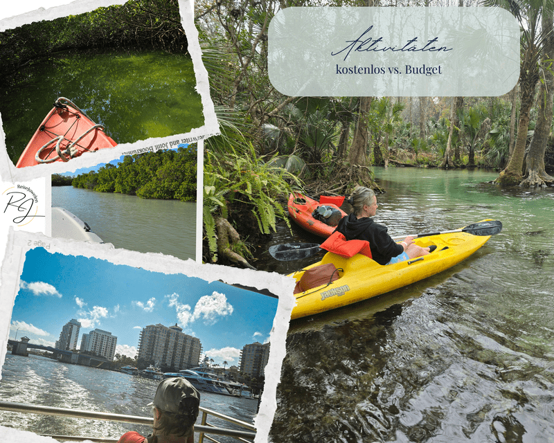 Collage mit kostenpflichtigen Aktivitäten wie Kajakfahren in Florida und Bootstouren für die Reiseplanung