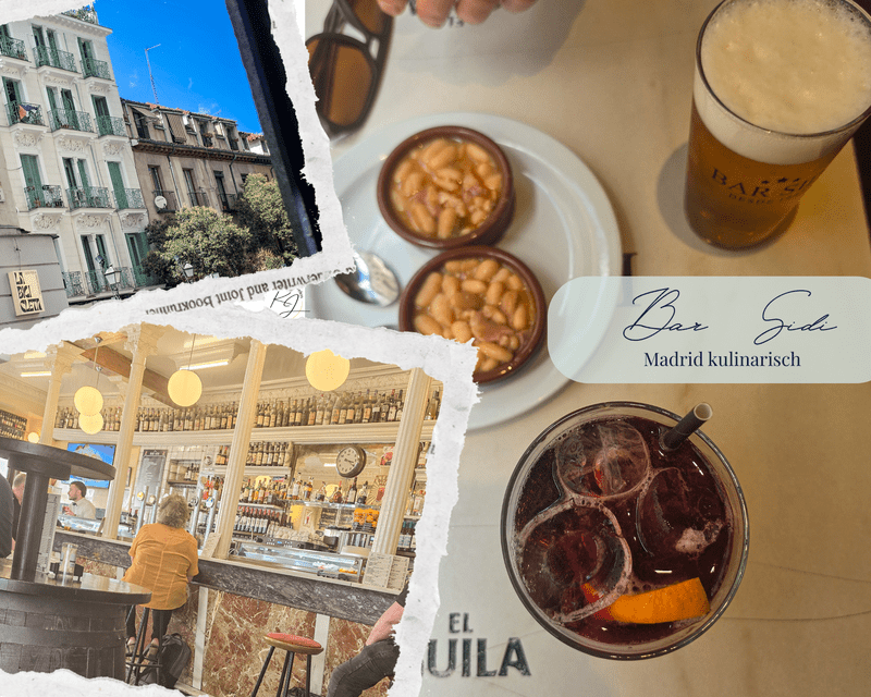 Tinto de Verano, Bier und warme Tapa mit weißen Bohnen in der Bar Sidi in Madrid