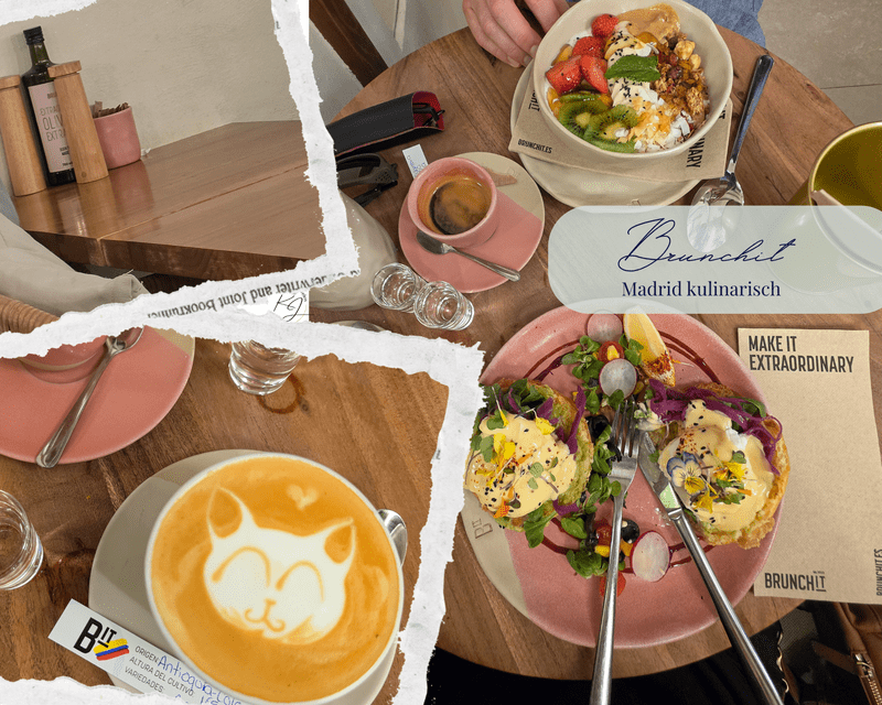 Frühstück im Brunchit Madrid mit Eggs Benedict, Joghurt-Bowl und Kaffee