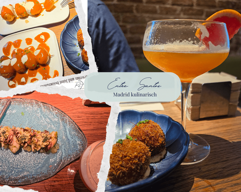 Cocktail und Tapas mit Croquetas, Patatas Bravas und Baby-Calamari im Entre Santos in Madrid