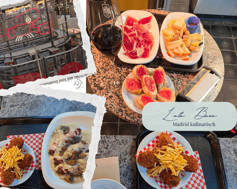 Tapas mit Jamón, Käse, Pan con Tomate und Croquetas bei Lata Barra im Mercado de San Antón in Madrid