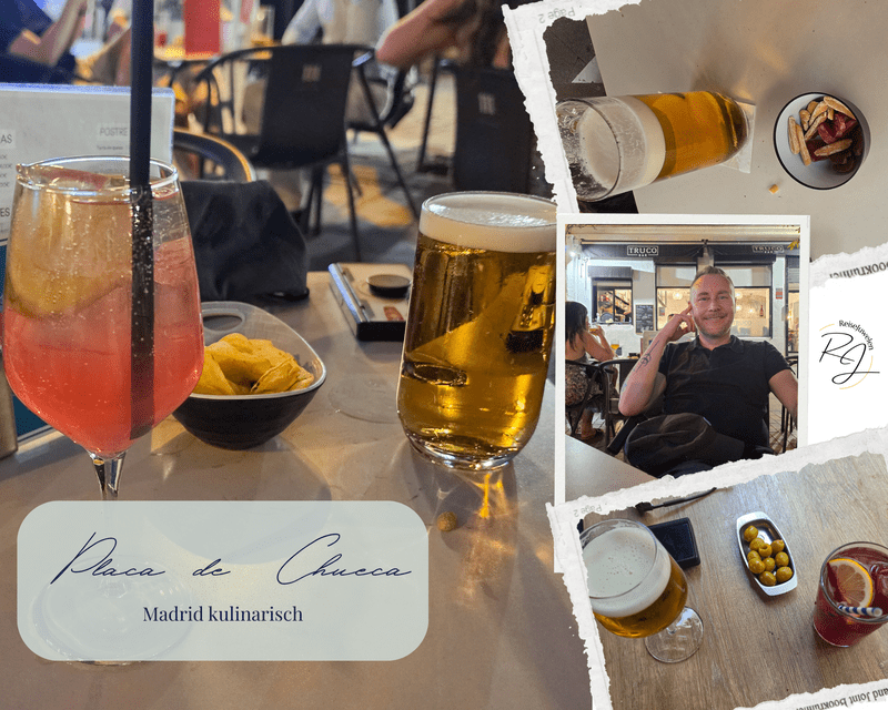 Aperitif mit Bier, Spritz und Tapas in den Bars an der Plaza de Chueca in Madrid