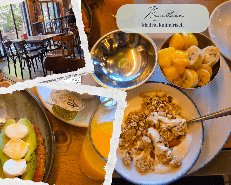Frühstück im Revoltosa Madrid mit Avocadobrot, Joghurt, Granola, Obst und Orangensaft